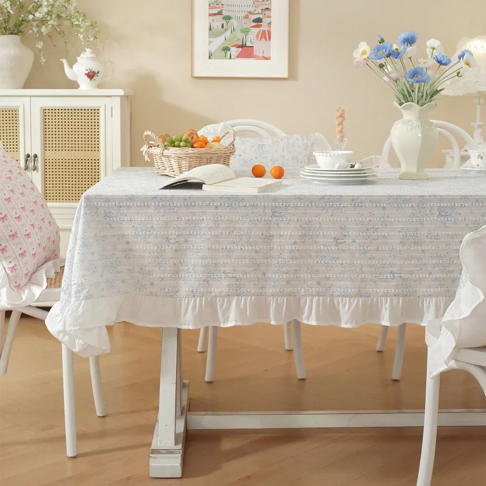 French Cotton Jacquard Tablecloth Printed Floral Rectangular Dining Tablecloths Ruffled Edge Decoration Table Cover Fabrics