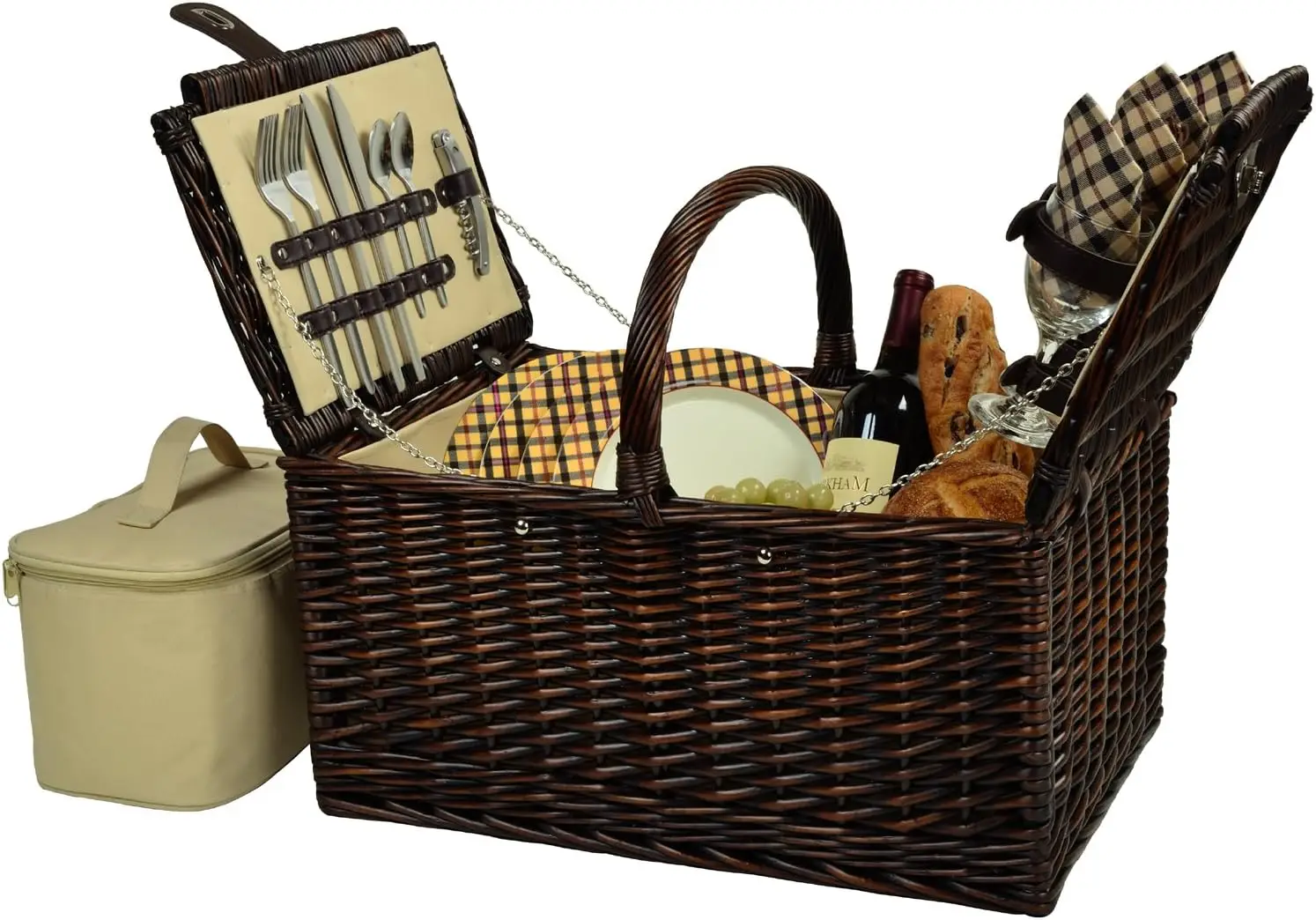 Handcrafted Willow Picnic Basket Set With Service For Four Leather Straps Insulated Cooler Bag Cutlery Glassware Dinnerware Plate Organizer For Camping Park Outdoor Dining London Plaid Brown