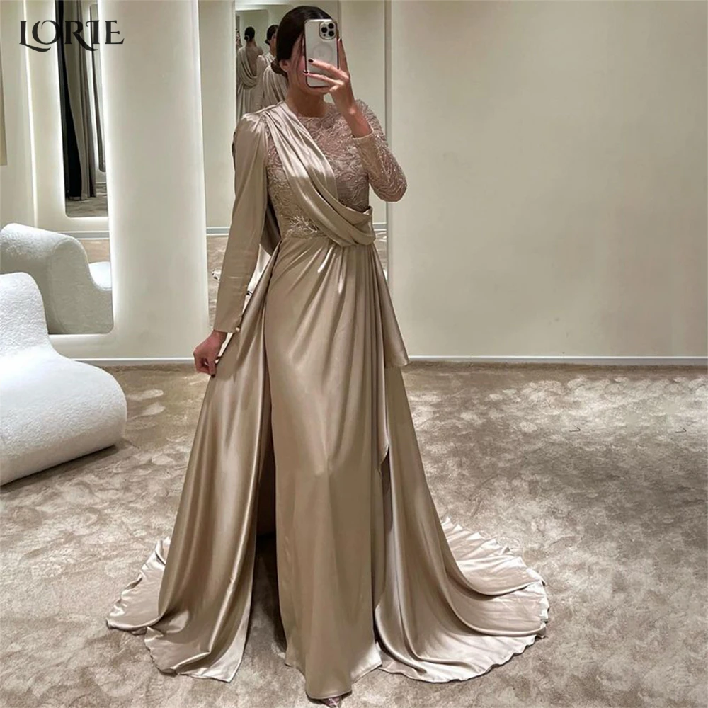 

LORIE Elegant Lace Mermaid Evening Dresses Pleats O-Neck Glitter Ruched Prom Dress Saudi Arabia Brush Train Bride Party Gowns