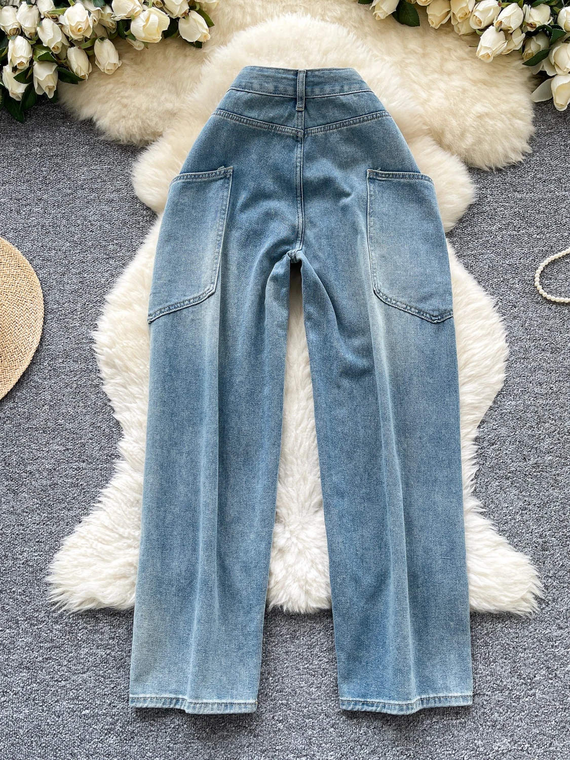 

Корейские джинсы простого дизайна с высокой талией и широкими штанинами, прямые джинсы, женские летние повседневные универсальные длинные брюки для похудения