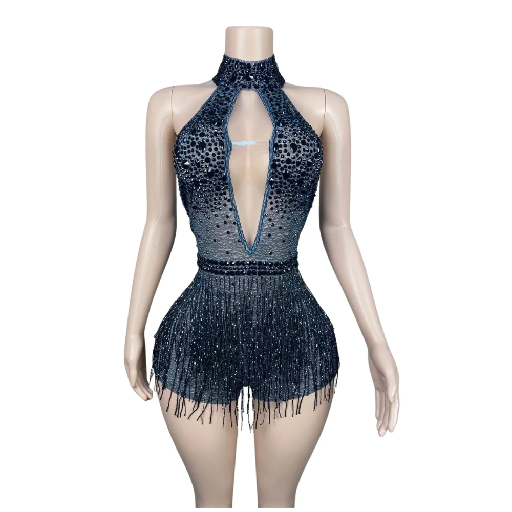 

2025 woman Costume Classical Modern Dancewear Sparkly Mesh Tassel Dress Black for Dancing Show Clubwear