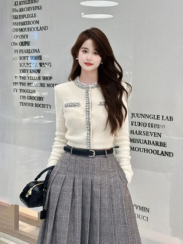 Faionable retro cintura alta midi xadrez saia plissada para deslocamento outono nova chegada saia de mistura de poliéster feminino