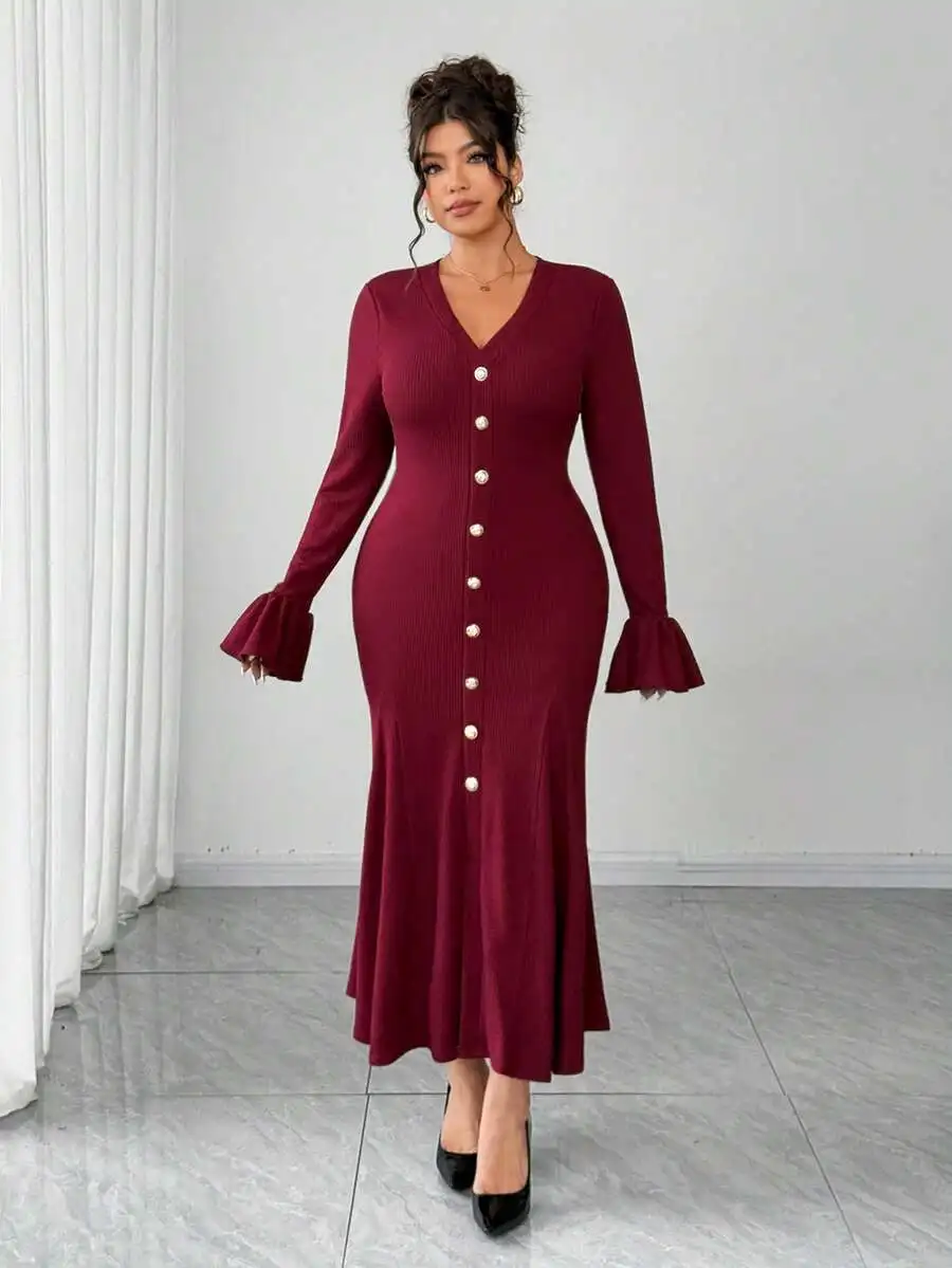 

Elegant V-Neck Button Front Fishtail Hem Long Sleeve Midi Dress For Women