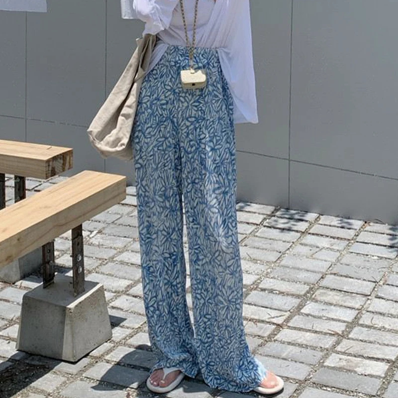 Women\'s Clothing Summer Fashion Vintage Print Pleated Wide-leg Pants Female Casual High Waist Loose Straight Trousers Pantalones