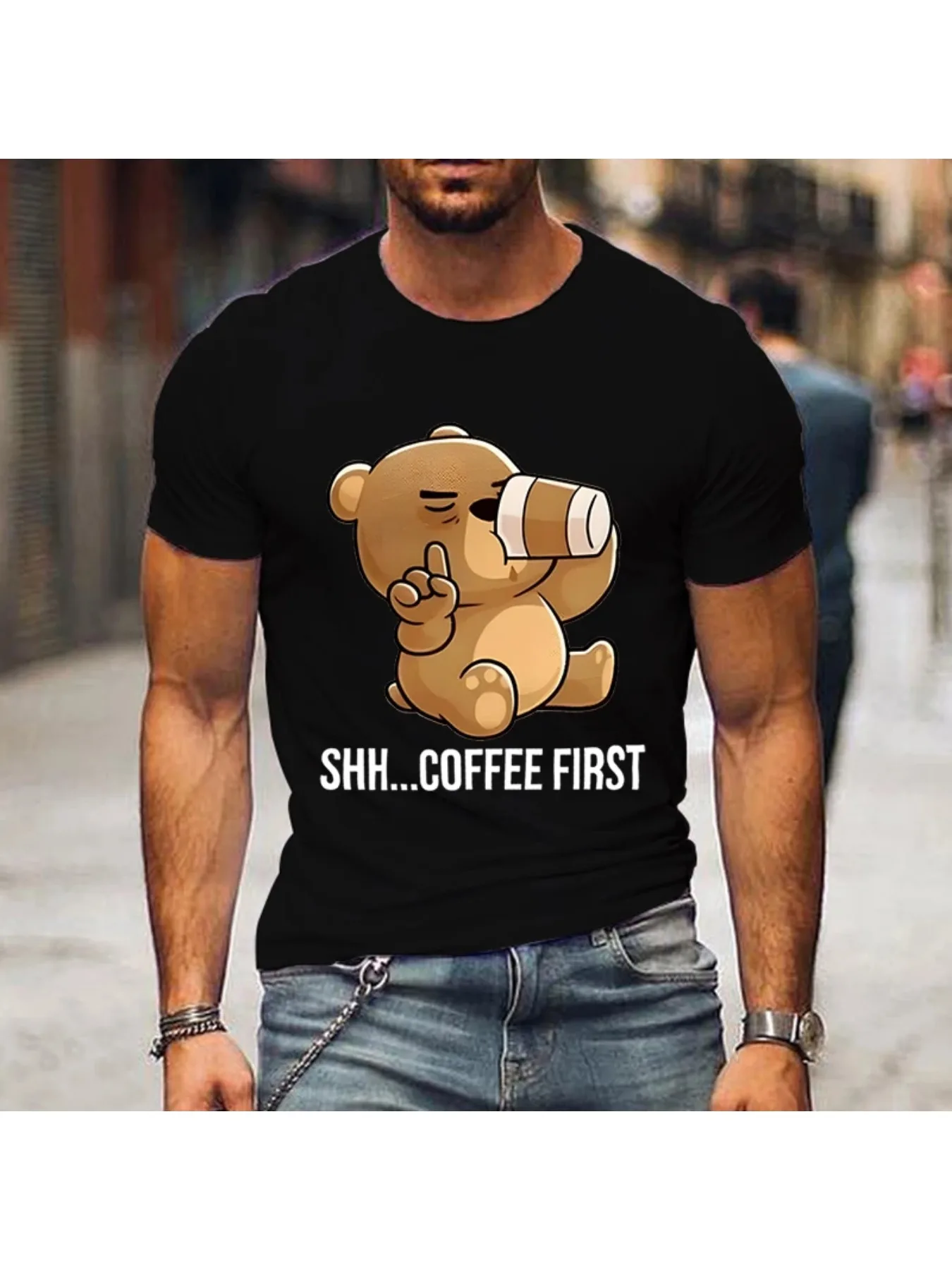 

Мужская хлопковая футболка с юмористическим медведем и кофейным принтом, обычный стиль, буквенный узор, летняя футболка с короткими рукавами