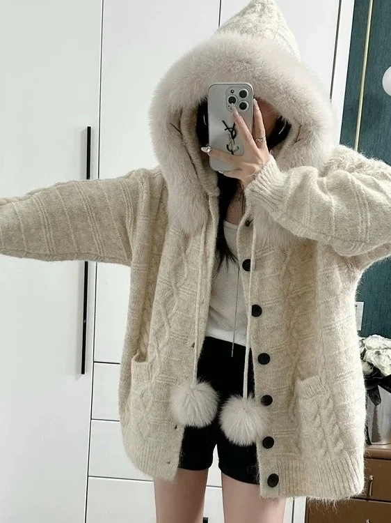 패셔너블 탈부착 가능한 퍼 칼라 후드 루즈 니트 가디건 여성용 초가을 2025 오픈 프론트 스웨터 아우터웨어