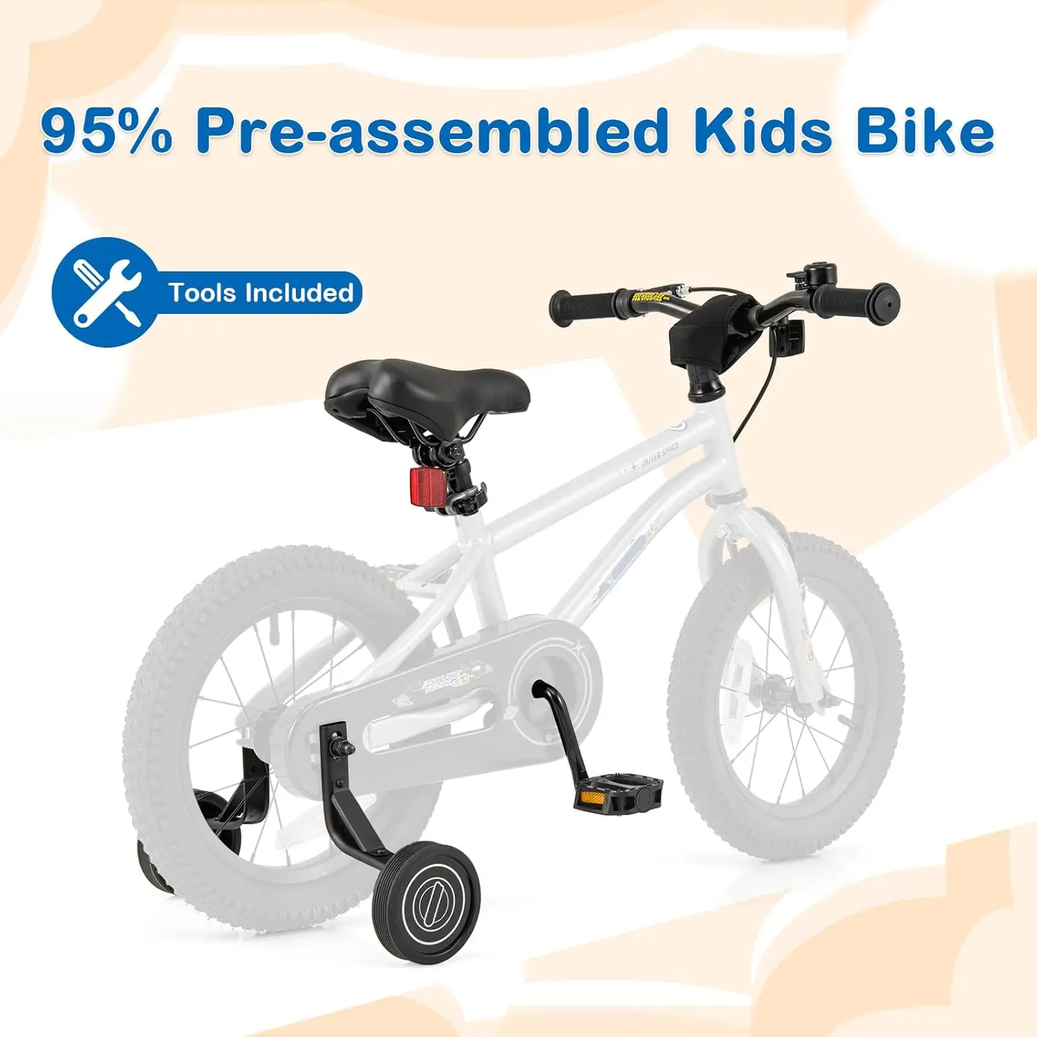 Outer Space kinderfiets, 14 16 18 inch sportfiets voor 3-8 jaar oud met verstelbaar zadel, zijwieltjes, verbrede band, handbeha