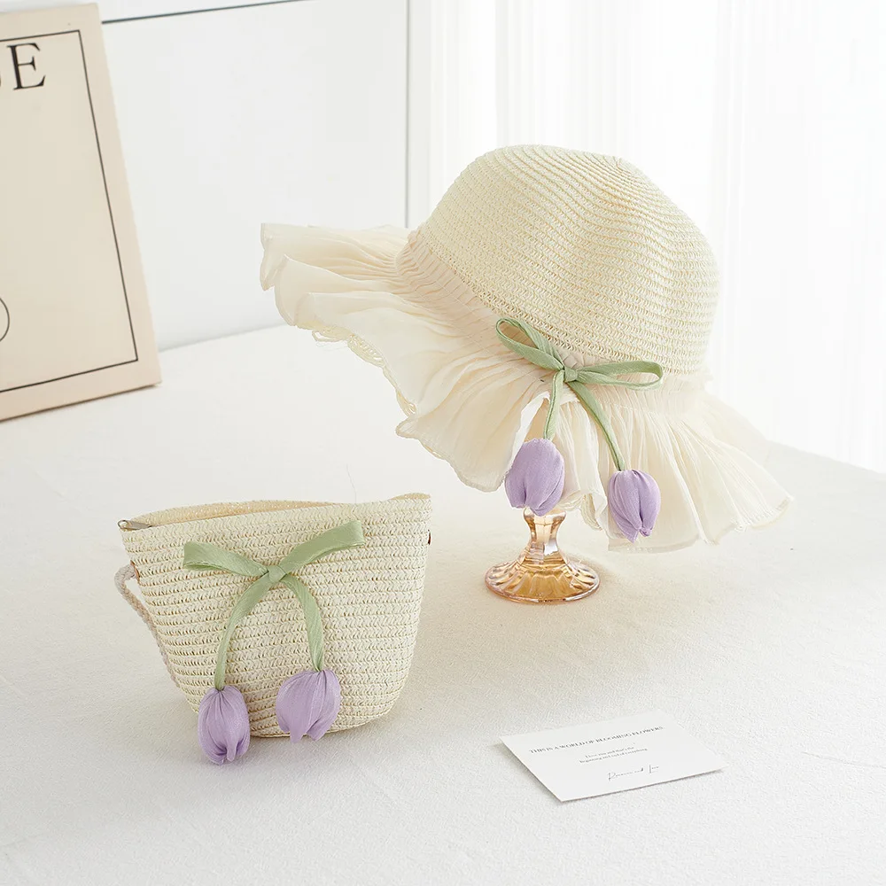 Girl Summer Straw Sun Hat And Bag 2pcs/set Breathable Wide Brim Beach Cap Children Girls Bucket Hat for Sun Protection