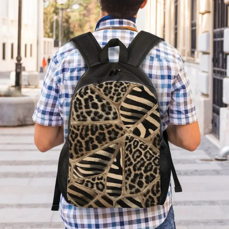 Mochilas tribales étnicas de leopardo y cebra personalizadas, textura de cuero, bolsas de viaje escolares universitarias, bolsa de libros para computadora portátil de 15 pulgadas