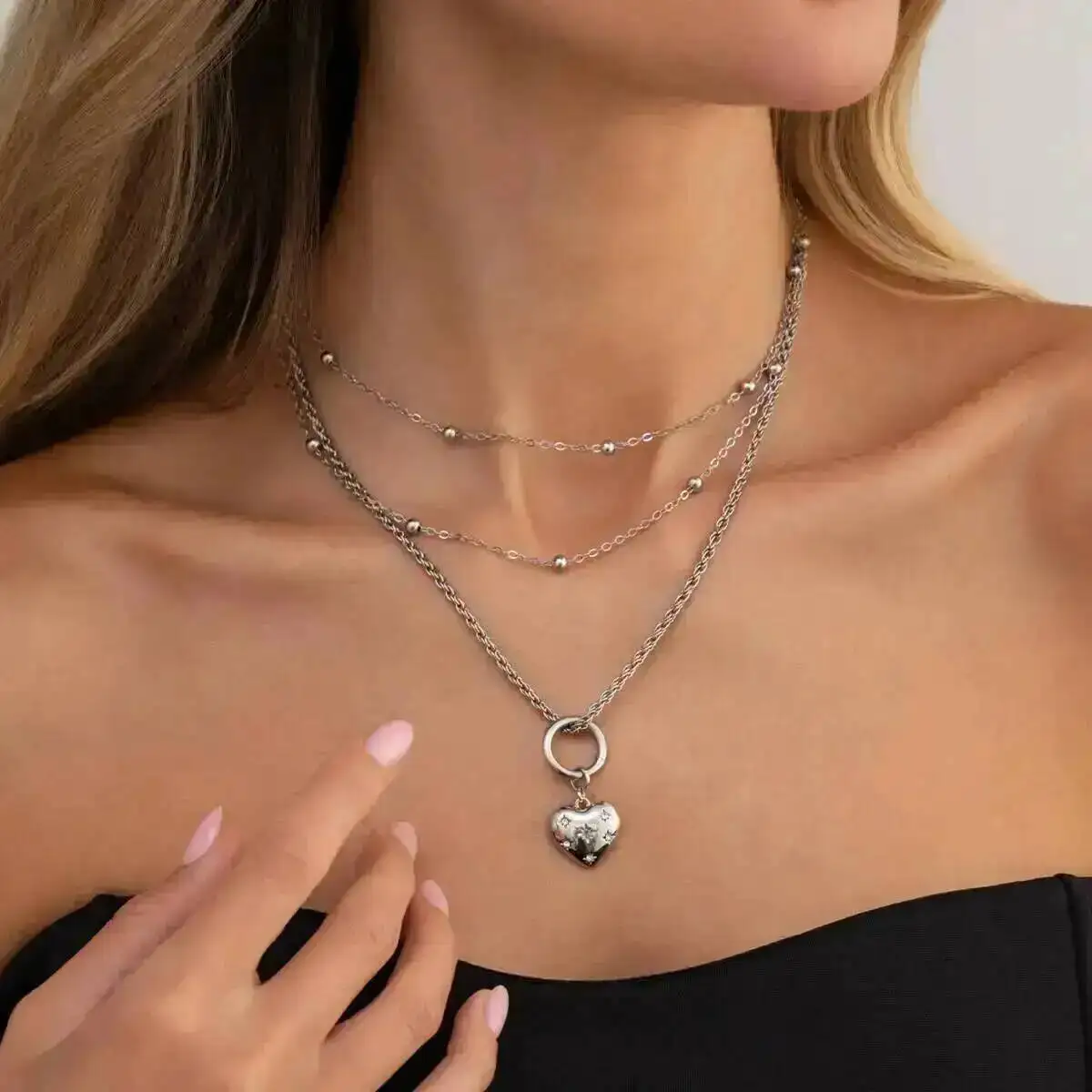 KunJoe New Gold Color Charm Heart Pendant Necklace Women Jewelry Vintage Multiple Layers Clavicle Chain Mom Couple Birthday Gift