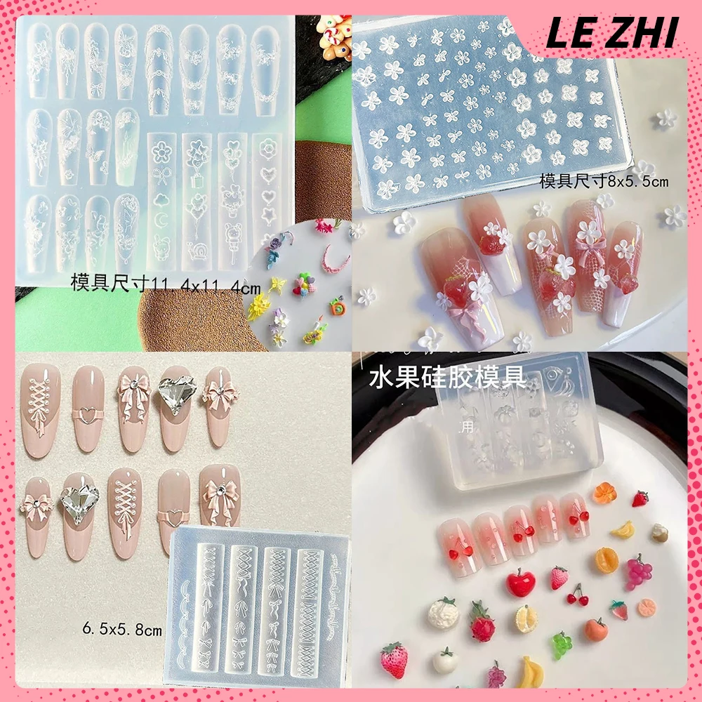 

1Pc Flower Bowknot Fruit 3D Acrylic Nail Mold Accessories Strawberry Apple Rose Ice Flower Necklace Silicone Reusable Nails Mold