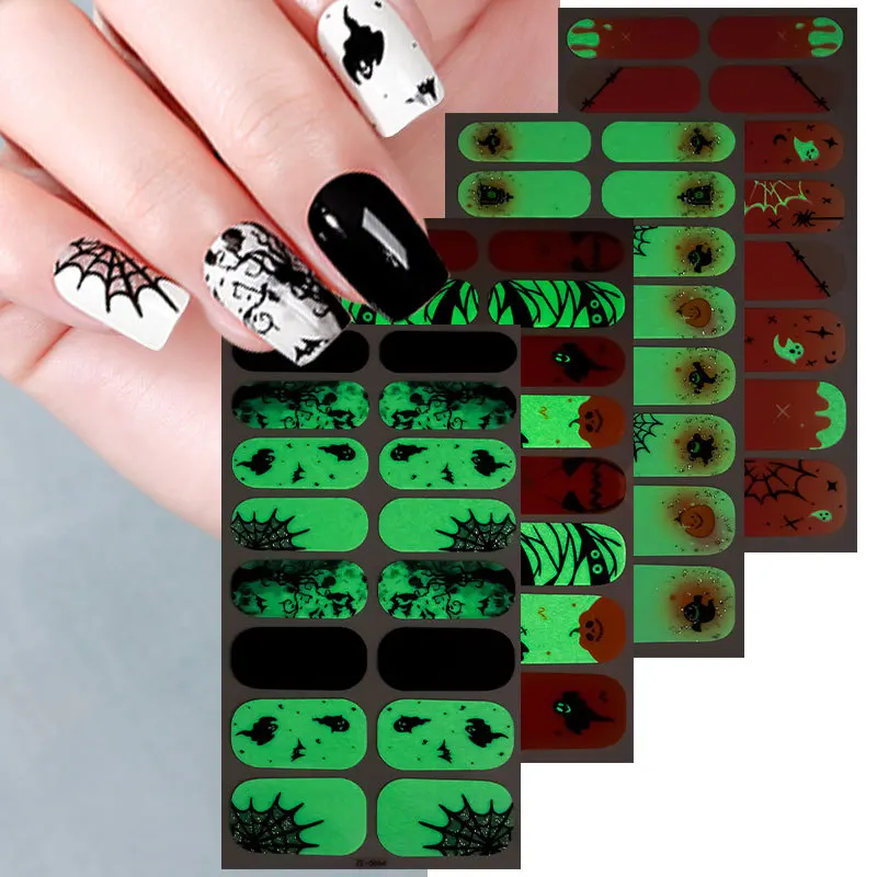 Glow in the Dark Halloween Nail Wraps Self Adhesive Nail Polish Stickers Pumpkin Ghost Spider Web Nail Art Strips for Party