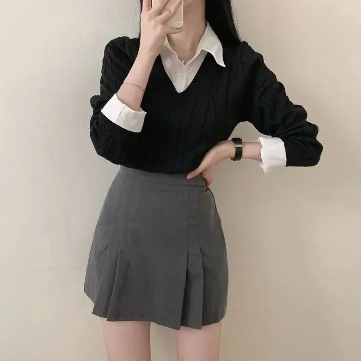 

Fashion Winter Knitted Sweater Women Casual V-Neck Pullover All-match Female Clothing Loose Fake Two Items Short Tops Jumper