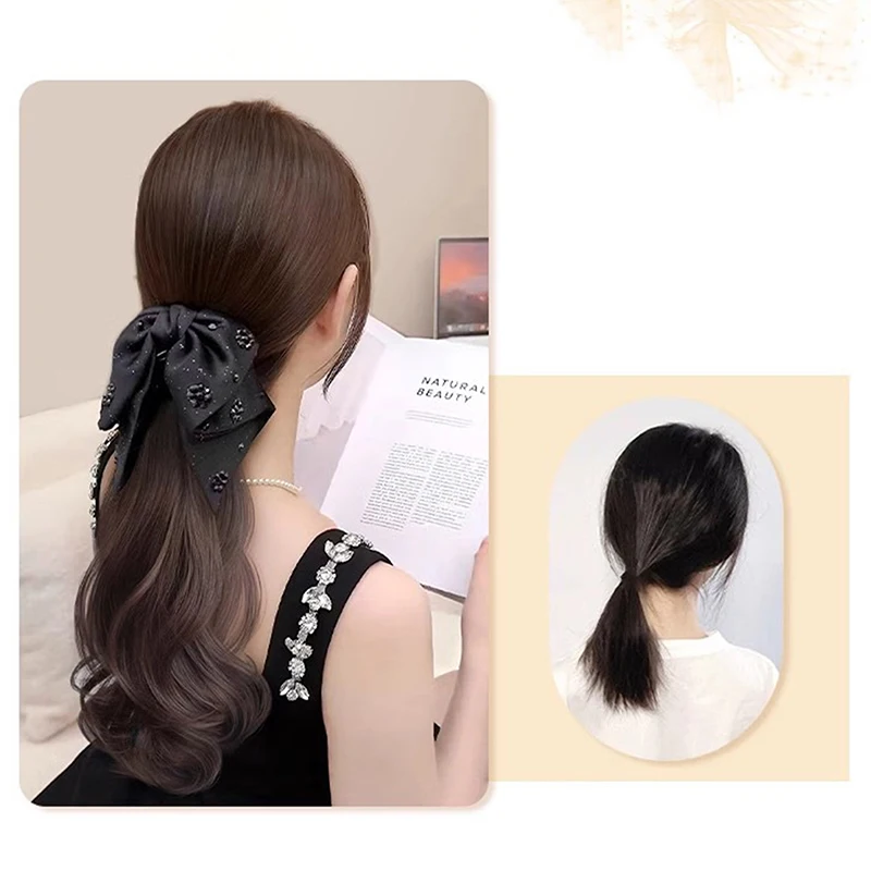 Nouvelles Perruques Synthétiques Effet Nœud Papillon en Ruban, Perruque Queue de Cheval Bouclée et Volumineuse à Clipser, Extensions de Coiffure pour Femme 40CM
