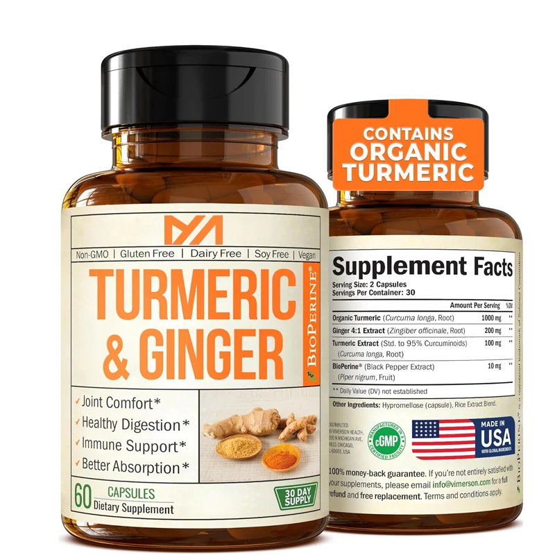 Turmeric and curcumin, vegetarian with ginger and pepper, relieve joint pain, support healthy aging, and promote absorption