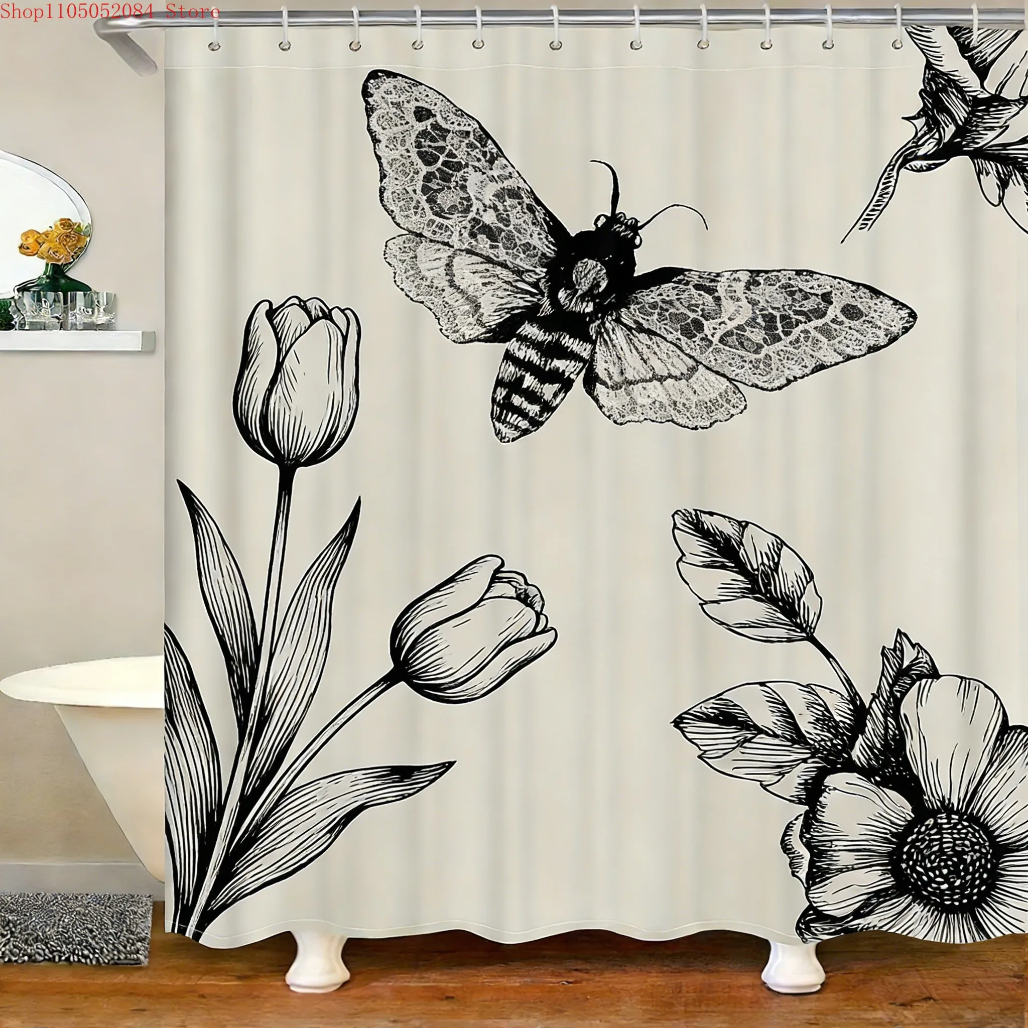 Wasserdichter Duschvorhang mit Vintage-Motten- und Blumenskizzen-Motiv für Badezimmerdekoration