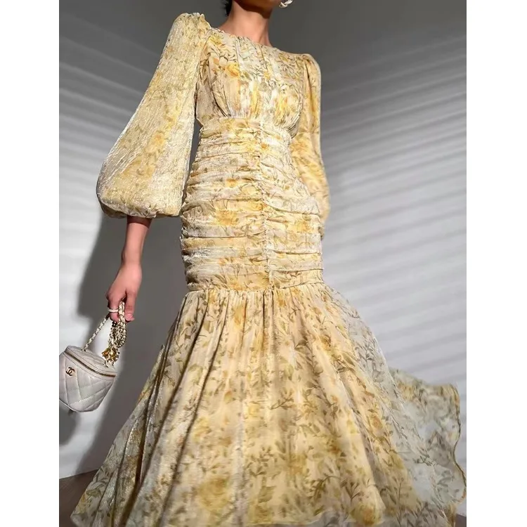 봄 새 레이디 꽃 긴 소매 높은 허리 a 라인 드레스 우아한 디자인 공주 스타일 여성 드레스 신사 패션