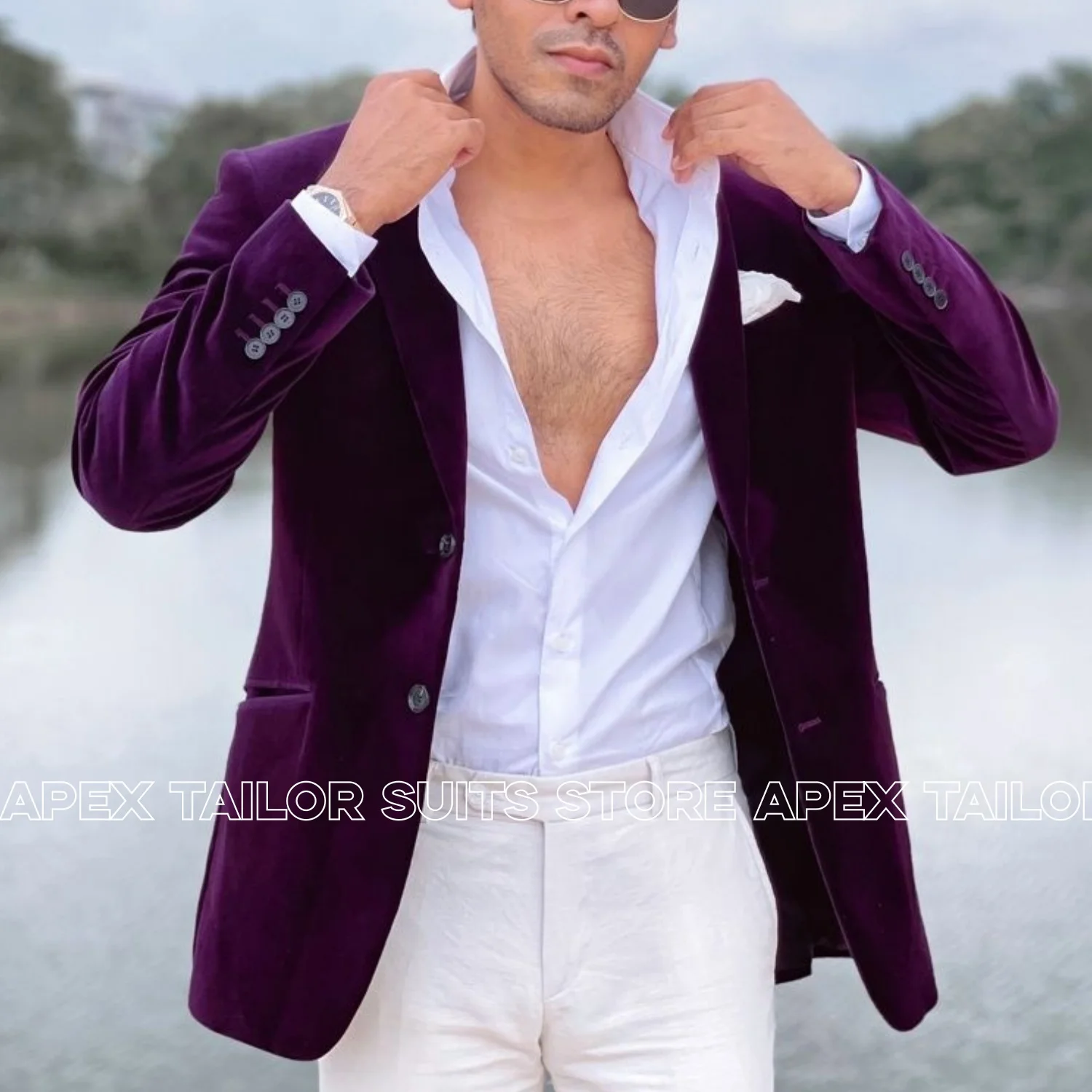 Men Purple Velvet Blazer Notch Lapel Two Buttons Slim Fit Tuxedo Jacket Wedding Party Formal Smoking Suit Jacket Only Jacket