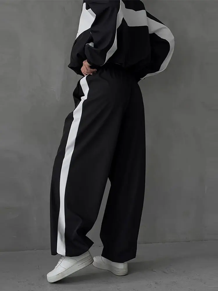 Getäfeltes, langärmliges, übergroßes Oberteil, Hosen-Sets für Damen, Streetwear, Laternenärmel, Reißverschluss, lockerer Mantel, Hose mit weitem Bein, modische Sportbekleidung – Detail 9