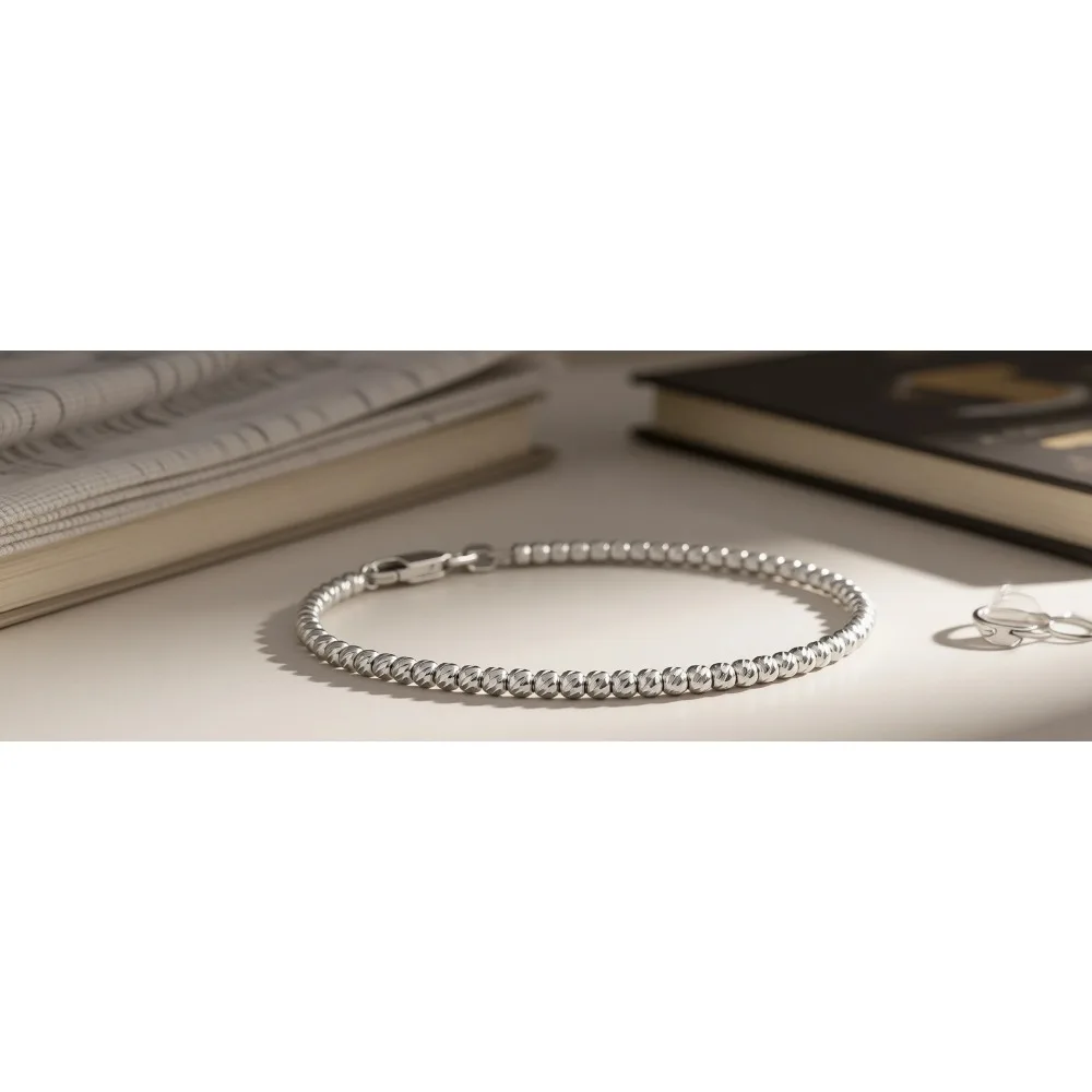 

Браслет из серебра 925 пробы с позолотой 18K, цепочка с бусинами 2.5 мм, алмазная огранка, для женщин, сделано в Италии