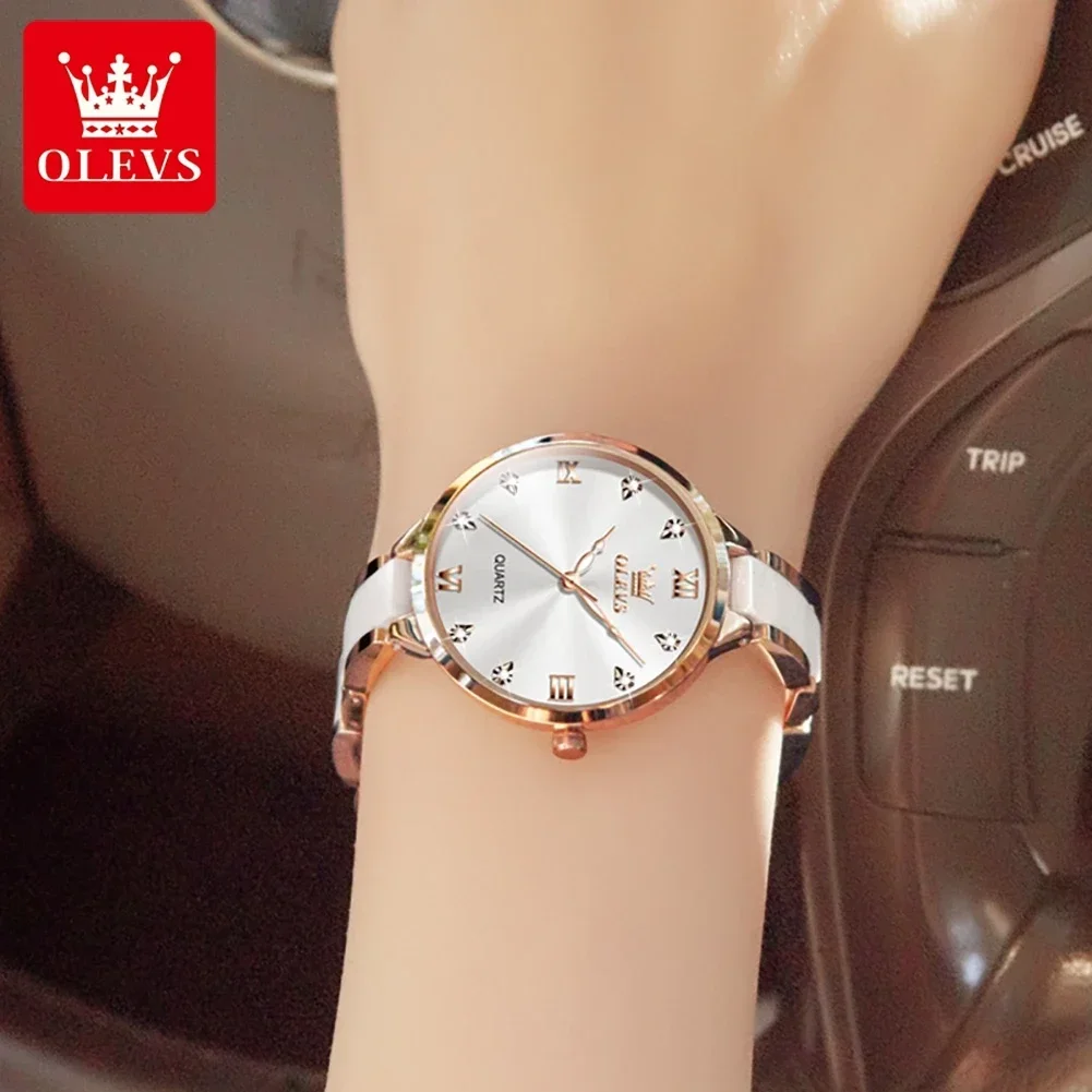 Olevs Luxe Rvs Vrouw Horloge Keramiek Band Quartz Polshorloge Waterdichte Elegante Horloges Voor Dames Dames Cadeau Set