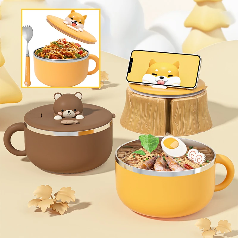 Ramen Bowl with Lid 1200ml Insulated 304 Stainless Steel Noodle Bento Box Soup Bowls with Handle and Spoon Portable Instant Bowl