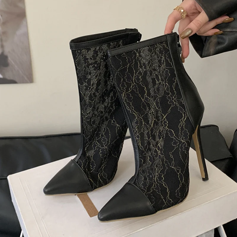 

Весенне-осенние пикантные женские ботильоны с острым носком в сетку, модные черные современные ботинки на молнии, женская обувь для вечеринок на тонком высоком каблуке