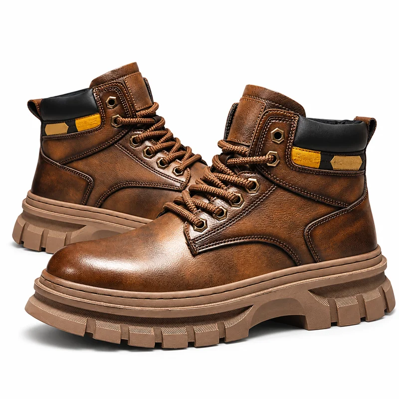 Men’s Retro Chelsea Ankle Boots Platform Leather Shoes Winter Warm Non-Slip Casual Work Boots British Style Outdoor Botas Hombre