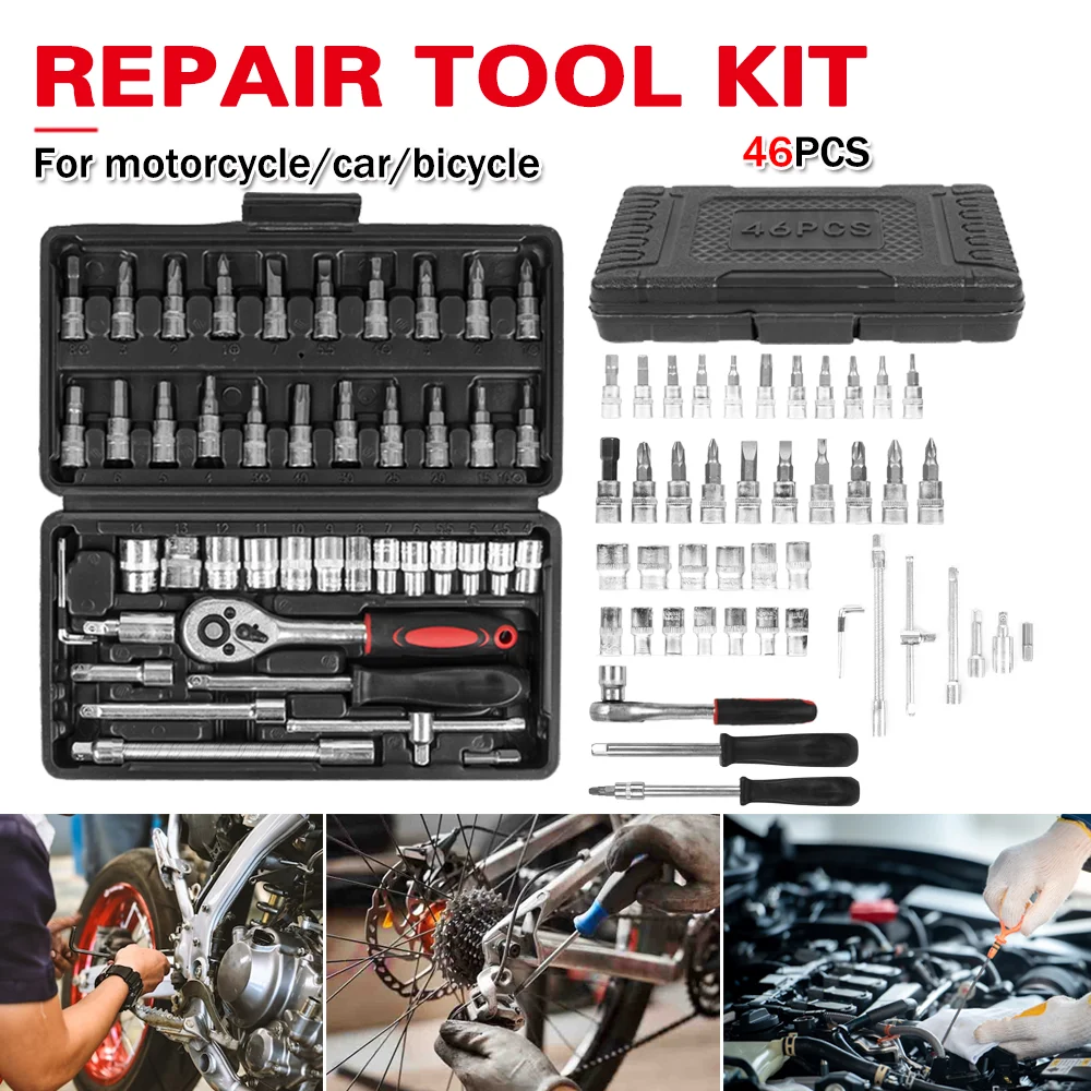 

46pcs Motorcycle Repair Tool Kit 1/4-Inch Socket Ratchet Wrench Set Car Bicycle Tools Kit Torque Wrench Combo Auto Repairing Set