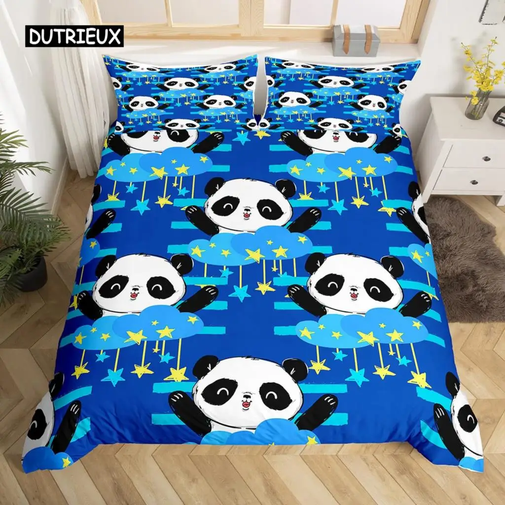 

Panda Duvet Cover Set King Size Black and White Animal Comforter Cover with Pillowcases Starry Sky Blue Ultra Soft Quilt Cover