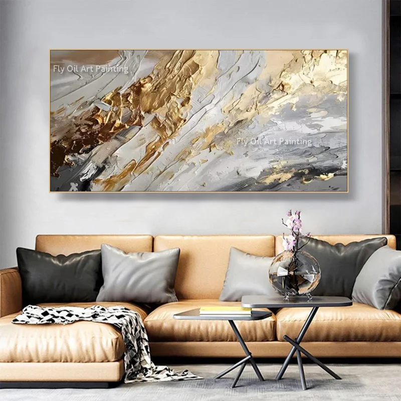 

Abstract Golden White Knife Thick Oil Painting Hand Painted Original Minimalist Gold Foil Canvas Wall Art Decor As Best Gift