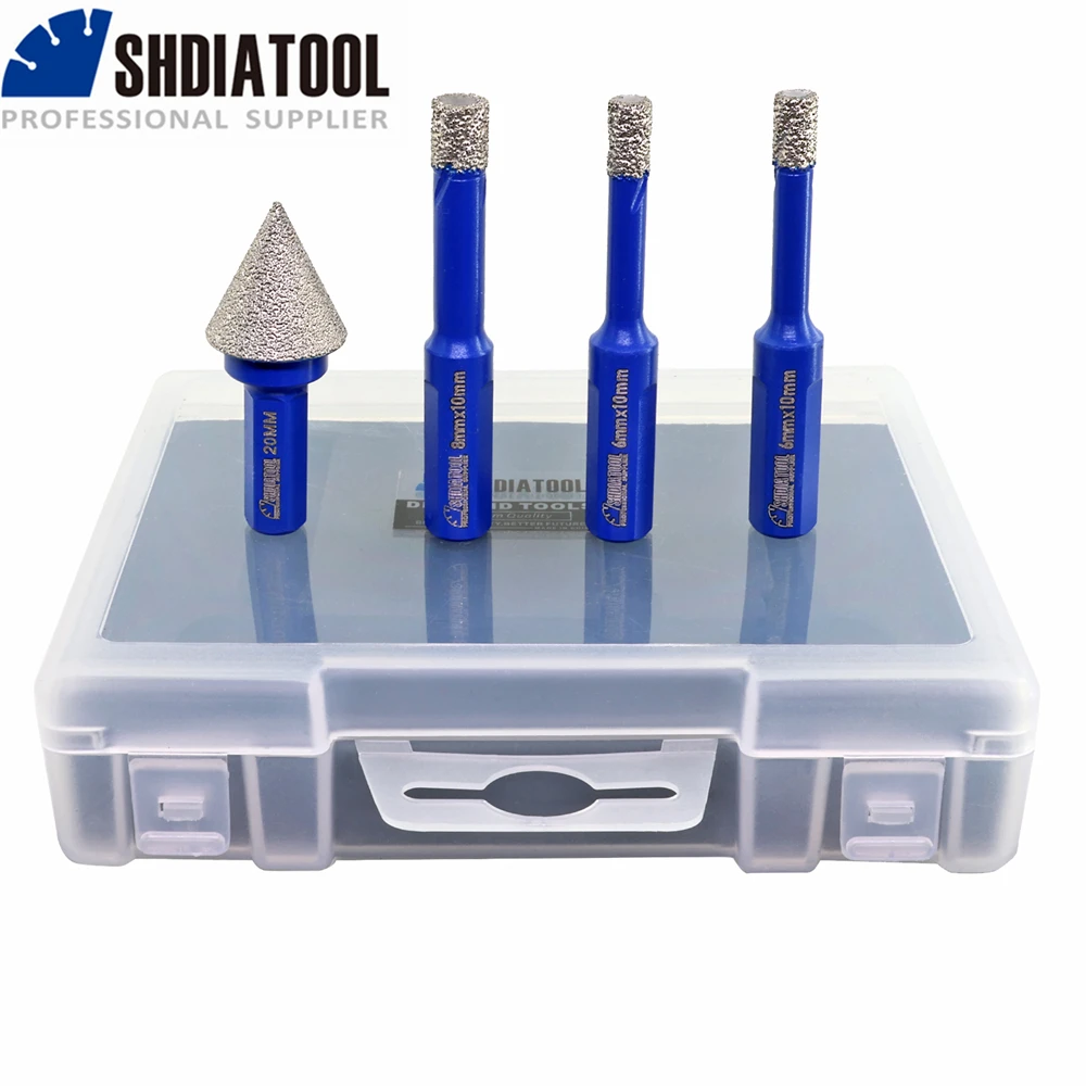 SHDIATOOL Diamond Drill 4pcs Dia 6/6/8mm Core Bits Triangle Shank 20mm Chamfer Bit Granite Ceramic Marble Vacuum Brazed Hole Saw