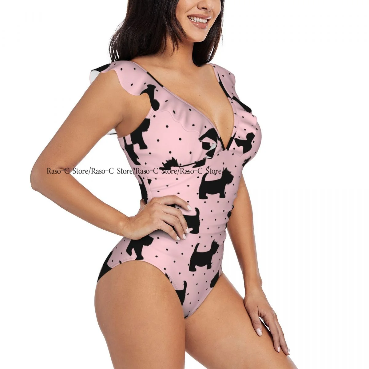 Ruffle Women Sexy One Pieces Swimsuit Swimwear Female Cute Scottish Terrier On Pink Polka Dots Monokini Bathing Suit Beachwear