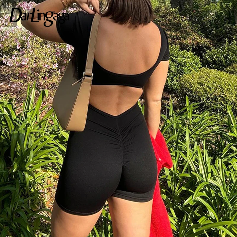 Darlingaga Streetwear Fashion Fitness Summer Playsuit Women Backless Folds Cut Out One Piece Bodysuit Gym Sportswear Rompers New