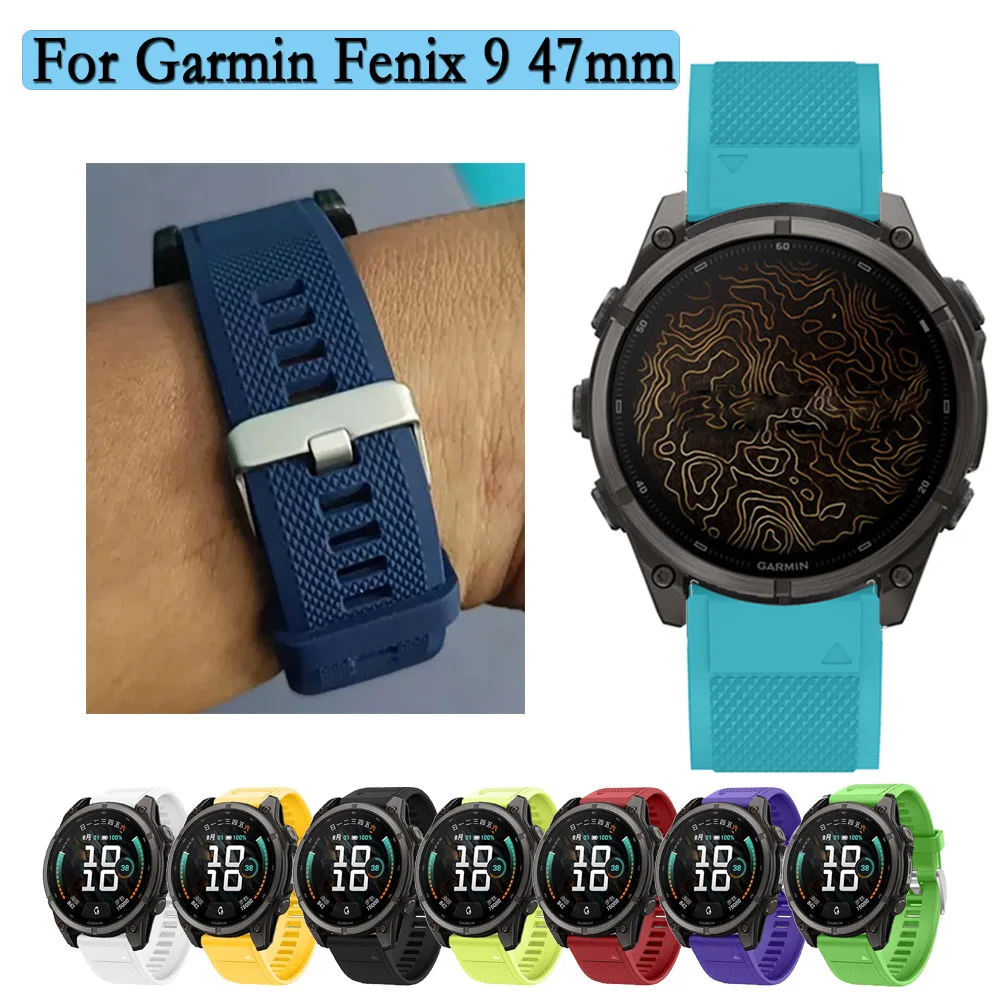 For Garmin Fenix 9 47mm /8 47mm QuickFit Watchband 22mm Width Silicone Strap With Texture Surface and Silvery Buckle Wristband