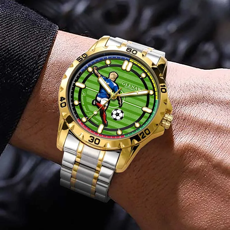 GLENAW Design 2025 New Mechanical Watch Men Football Sports Style Stainless Steel Luminous Waterproof Men Watch Turning Football