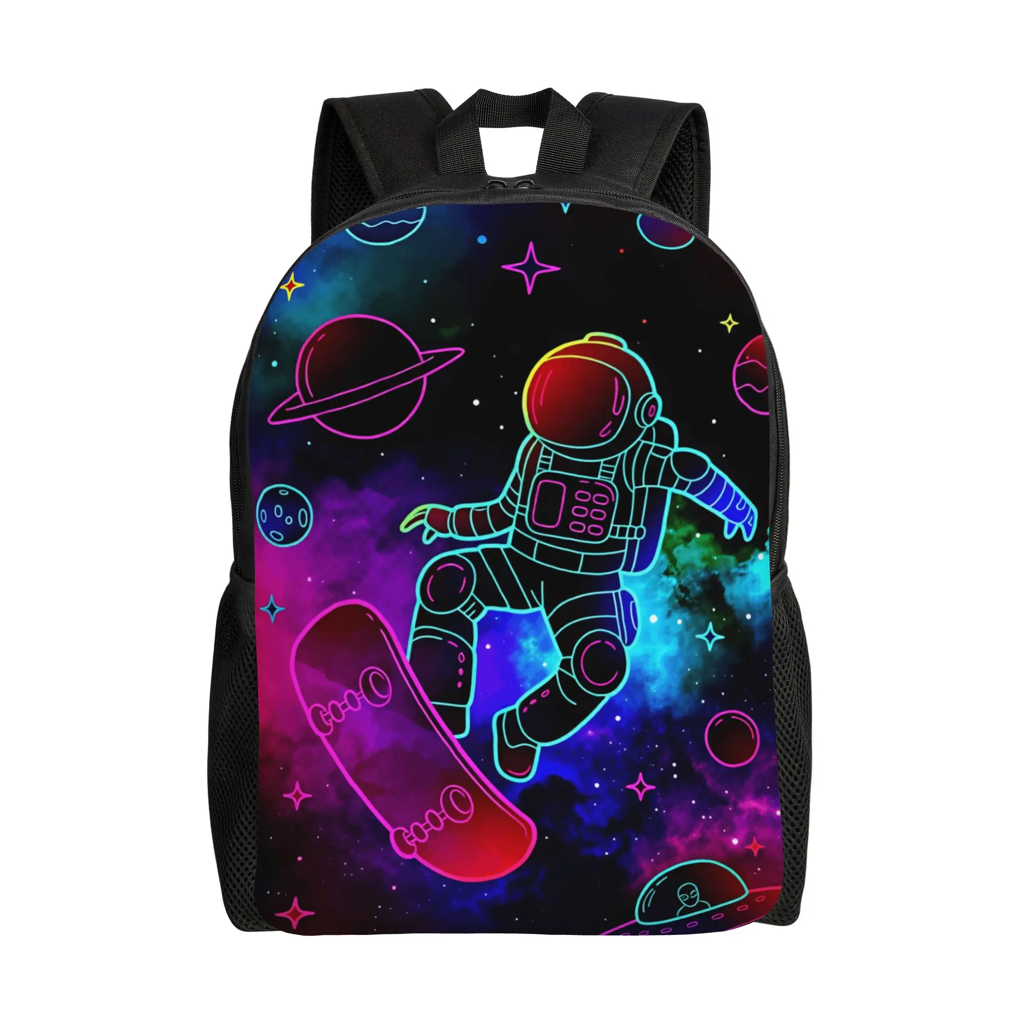 Neon Line Astronaut Skateboard Colorful Galaxy Space Alien Ufo Art Backpack  Sport Backpacks Boy Girl Novelty High School Bags