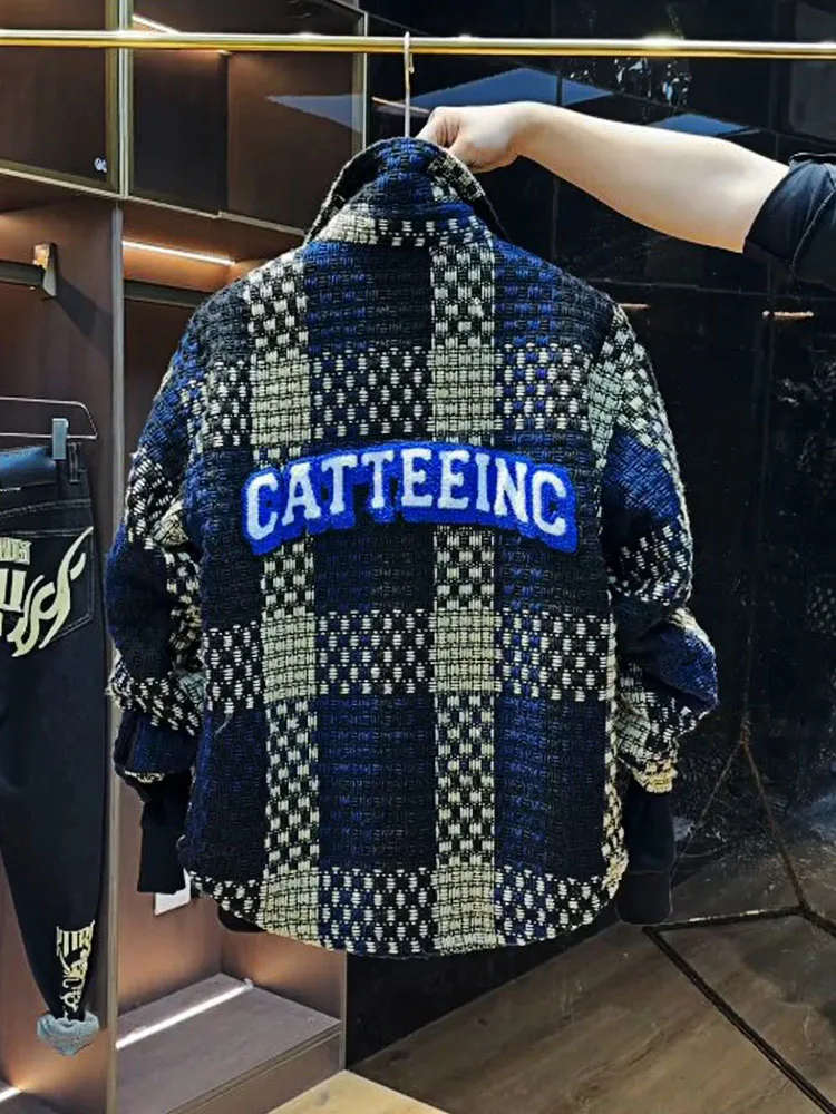 

Мужская повседневная свободная вязаная куртка в клетку для осени и зимы, молодежная, в корейском стиле, с отложным воротником, в стиле «Маленький аромат»