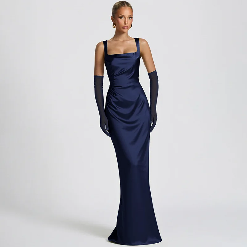 

Blifanbo Slim Fishbone Ribbon Sexy Maxi Dress Women Elegant Backless Spaghetti Strap With Glove Fashion Club Party Evening Dress