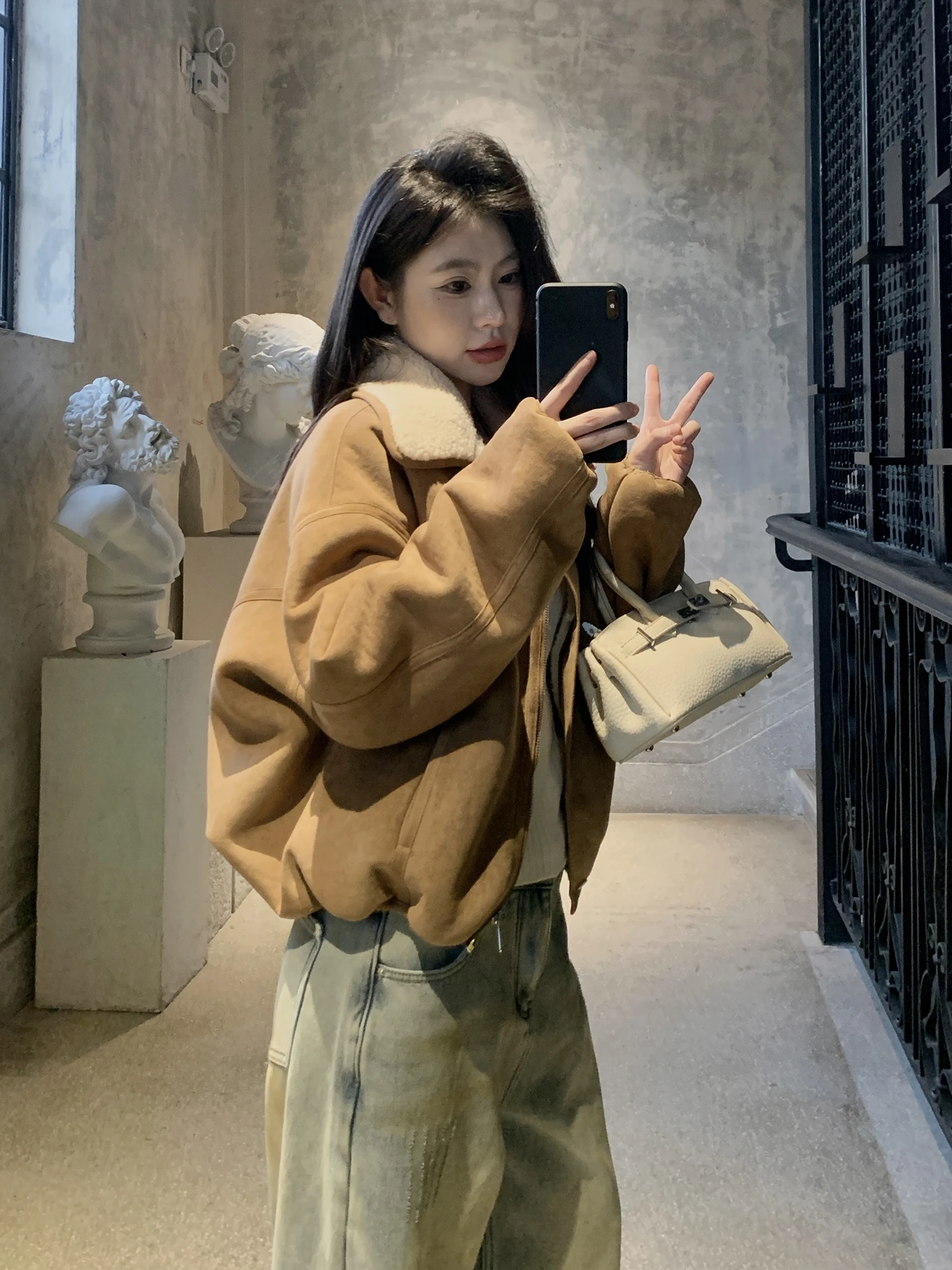 

Withmxboom ey Home Lamb Fur Collar ort Coat Women Winter Loose Warm Slimming Top Long Sve Zipper Closure No Hat