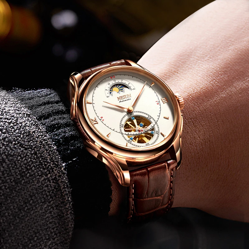 ساعة NESUN للرجال: ساعة ميكانيكية أوتوماتيكية بالكامل للرجال مع دولاب الموازنة الهياكلية وساعة رجالية كاجوال مضيئة