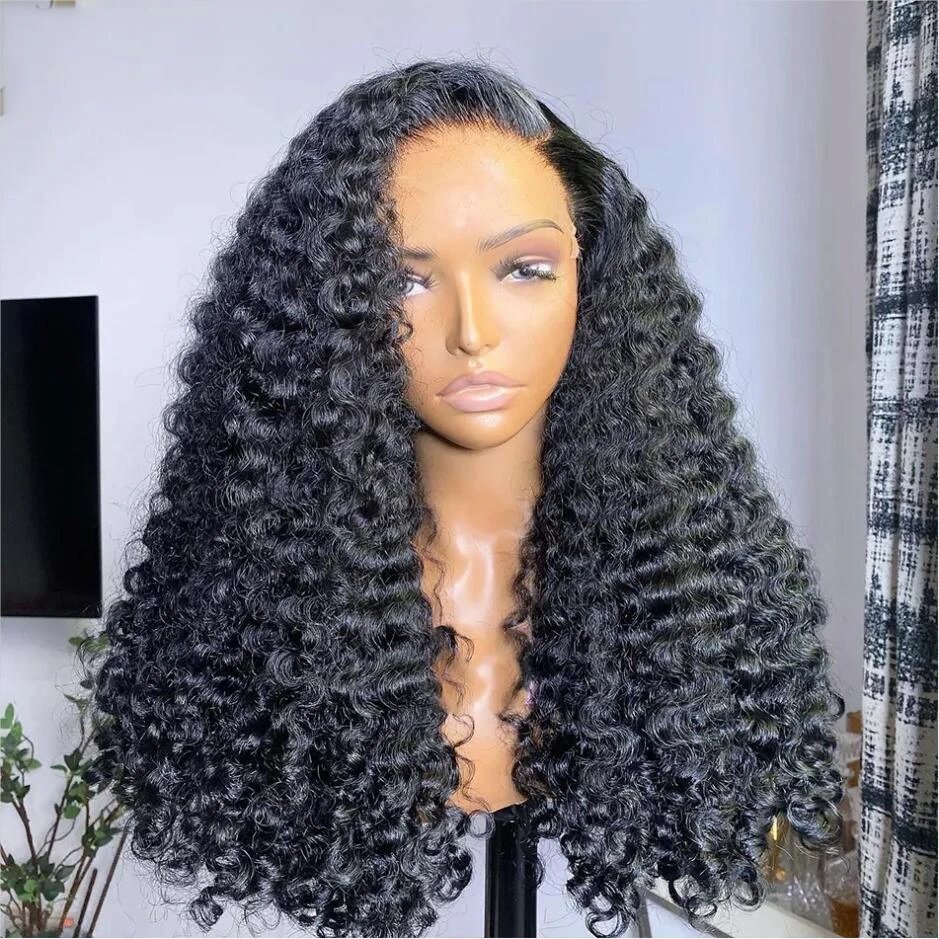 Peluca larga y rizada con malla frontal para mujer, pelo de bebé prearrancado sin pegamento, suave, 28 pulgadas, 200% de densidad, color negro Natural