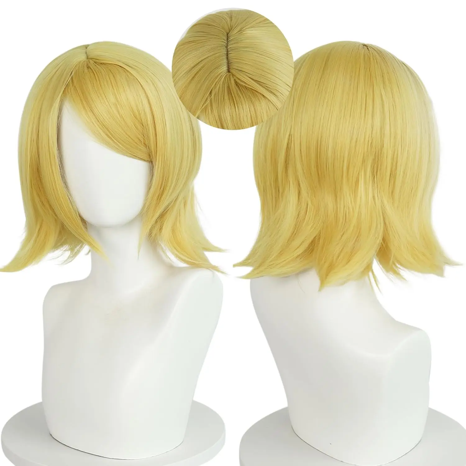 Rin wigs Women Short Blonde Yellow Wavy Wigs Shoulder Length Blonde Wigs Short Synthetic Cosplay Halloween Theme Party Costume