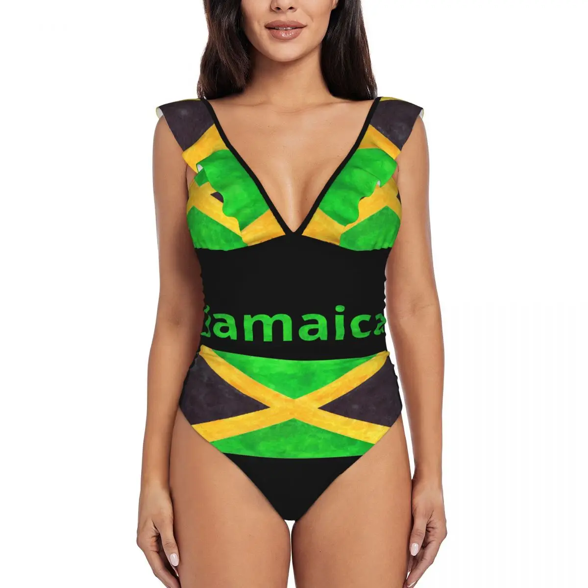 Swimwear Women One Piece Swimsuit Flag Of Jamaica Swimming Bikinis Push Up Monokini Sexy Ruffle Bathing Suit