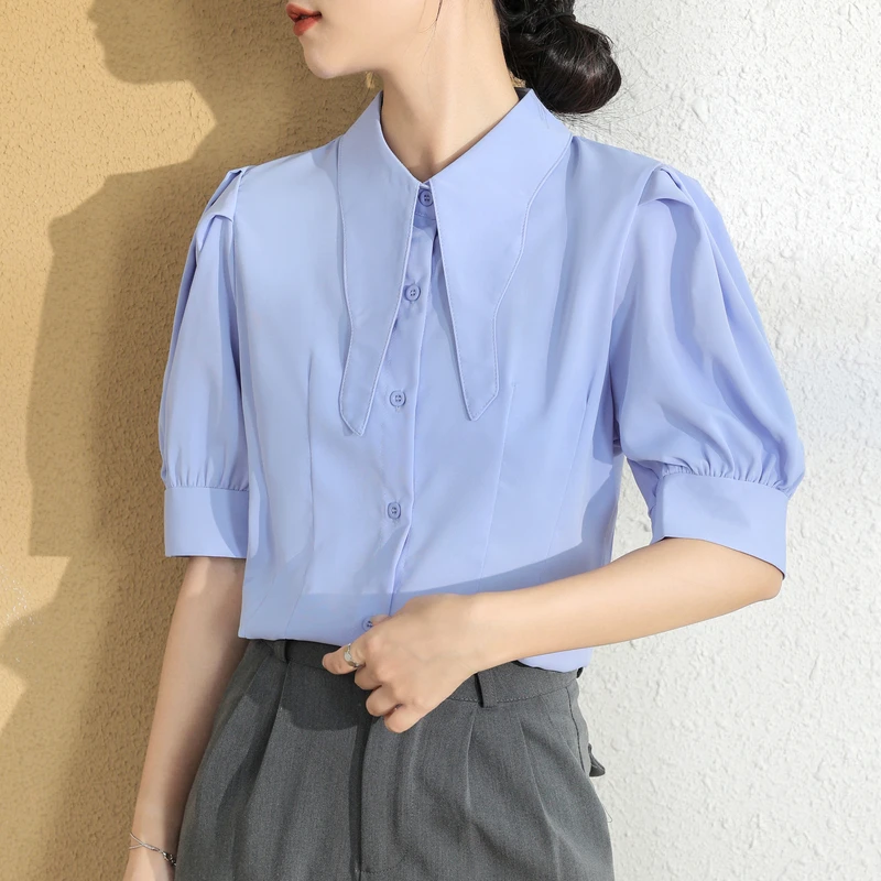 Summer Korean Peter pan Collar Women's Blouse 2023 New Elegant Short Sleeve Single Breasted Casual Office Shirts Tops Female