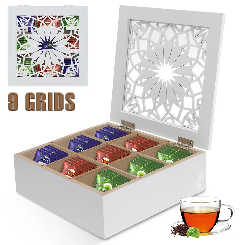 

9 Grids Wood Tea Bag Storage Box Square Tea Box with Hinged Lid Desktop Jewelry Organizer for Countertop and Cabinet Decoration