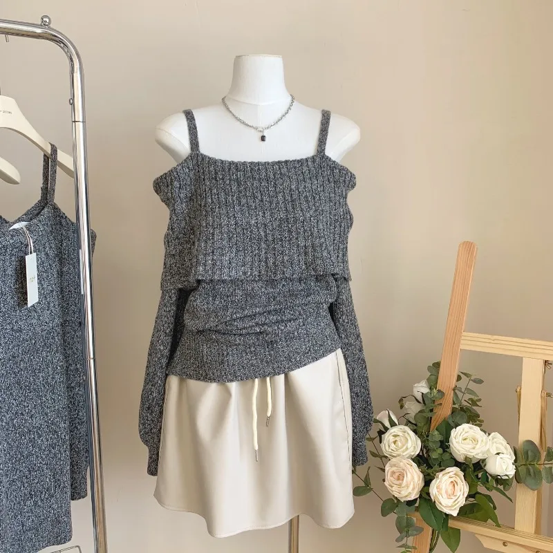 Sweet Fashion Camisole Knit Sweater Women Off Shoulder Collarbone Soft Glutinous Solid Elastic Temperament Gentle Autumn Wear