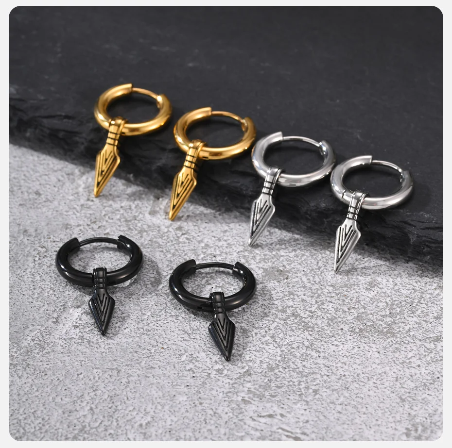 Vnox Edelstahl-Creolen, Speerspitzen-Ohrringe im Punk-Gothic-Stil für durchstochene Ohren bei Männern, Schmuck in Schwarz, Gold und Silber. – Detail 5