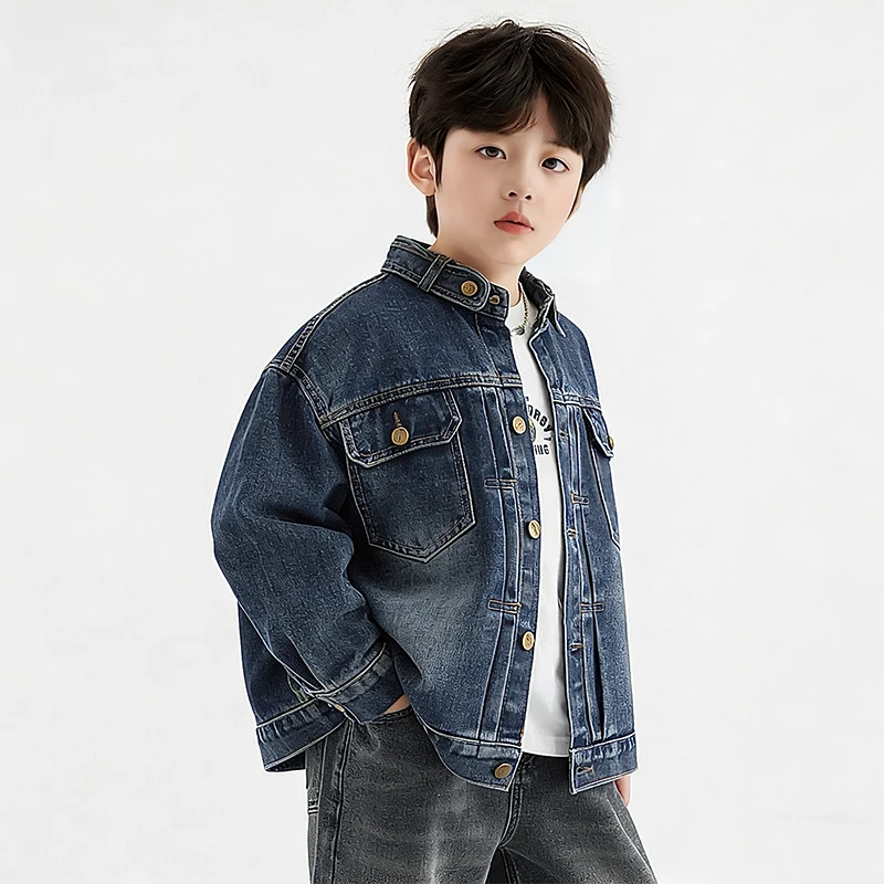 New Spring Children Cool Clothing Denim Jacket for Teen Boy Vintage Blue Jeans Coat with Front Pocket Kids Casual Outfit 5-14 Y