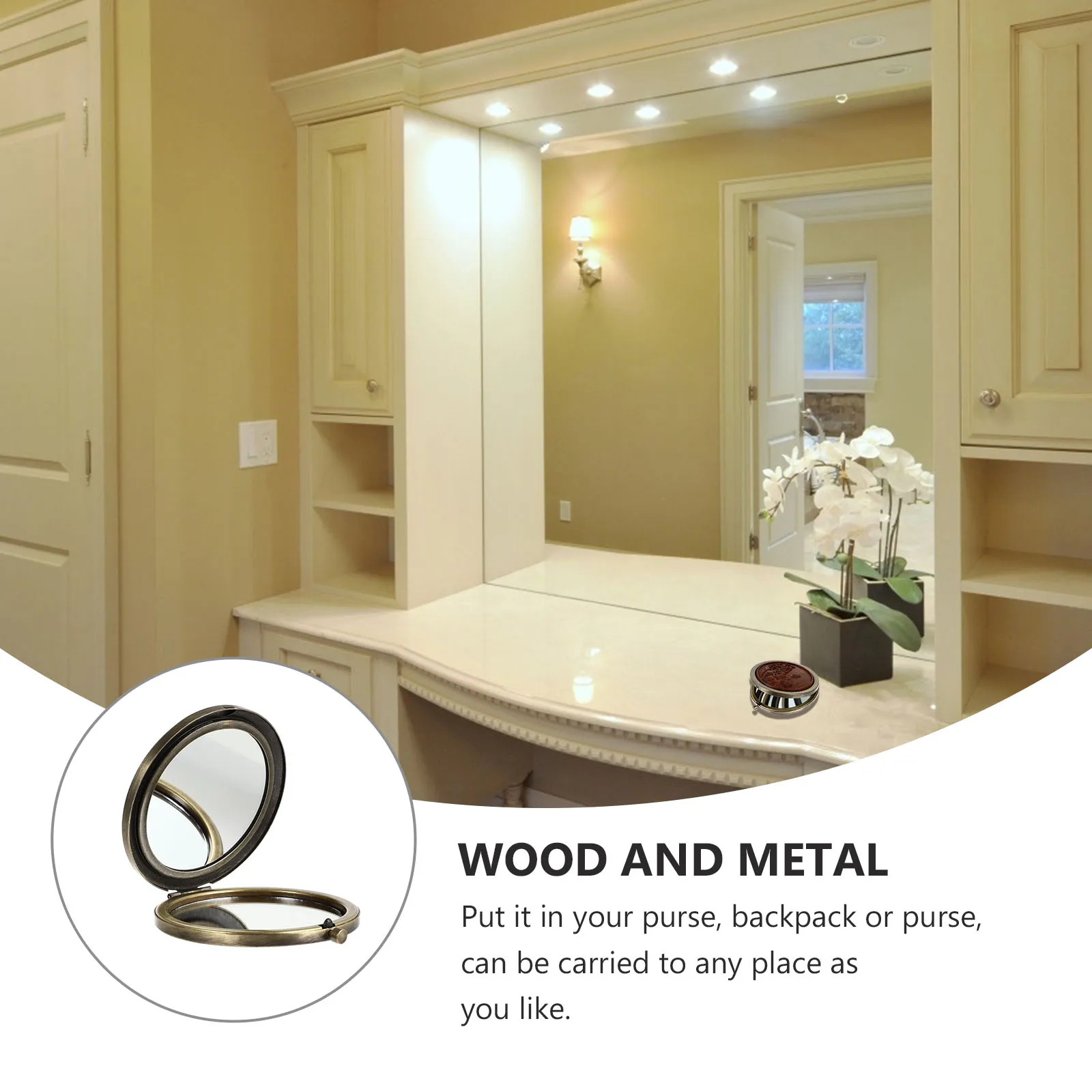 مرآة مكياج محمولة مدمجة قابلة للطي للنساء أداة تجميل صغيرة مستديرة للسفر خشبية منحوتة على الطراز العتيق #5